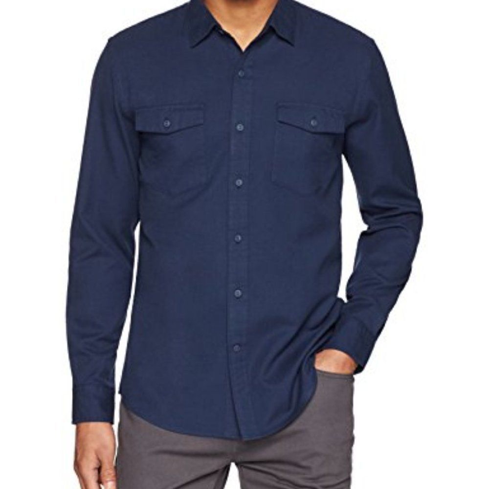 Amazon Mens Navy Blue Goodthread Standard Fit Ripstop Dobby Button Up Shirt M